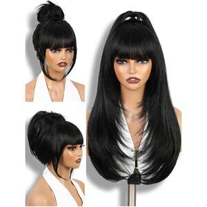 Women's Black 26 Inch Long Straight Layered Bangs Heat Resistant Cosplay Wigs